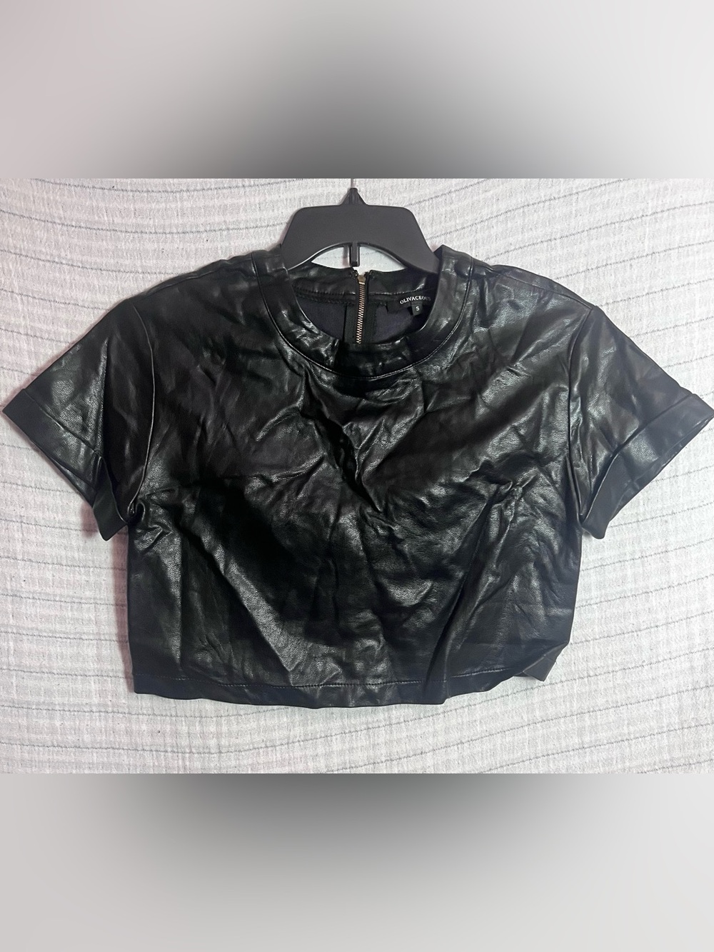 Olivaceous Black Faux Leather Short Sleeve Crop Top